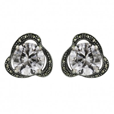 Marcasite Earring 10.5mm Clear Cubic Zirconia Round Pave Marcasite Oxidized Rope F