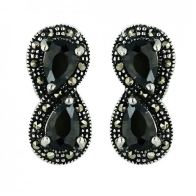 Marcasite Earring 6X4mm Black Cubic Zirconia Double Tear Drop with Oxidized Rope