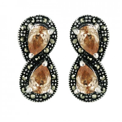 Marcasite Earring 6X4mm Champagne Cubic Zirconia Double Tear Drop with Oxidized Rope