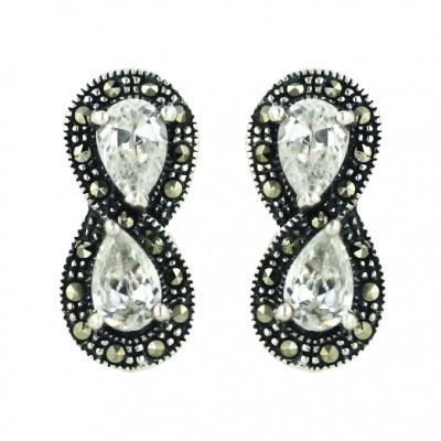 Marcasite Earring 6X4mm Clear Cubic Zirconia Double Tear Drop with Oxidized Rope