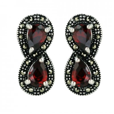 Marcasite Earring 6X4mm Garnet Cubic Zirconia Double Tear Drop with Oxidized Rope