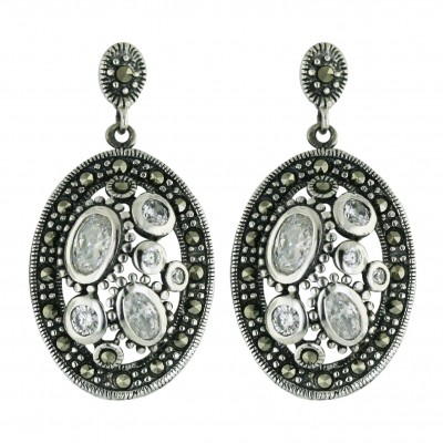 Marcasite Earring 24X18mm Oval with Clear Cubic Zirconia Oval+Round Bezel Set