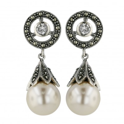 Marcasite Earring 6mm Clear Cubic Zirconia Round Top+Open Pave Marcasite with 12mm F