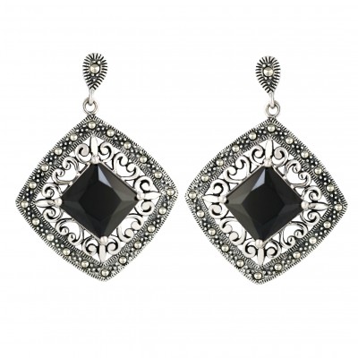 Marcasite Earring 30X30mm Black Cubic Zirconia Rhombus with Plain Swirl+Oxidiz