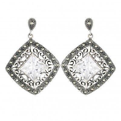 Marcasite Earring 30X30mm Clear Cubic Zirconia Rhombus with Plain Swirl+Oxidiz