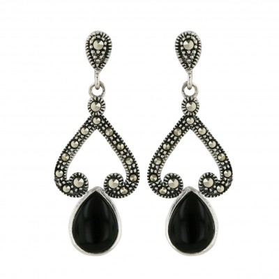 Marcasite Earring 12X10mm Onyx Tear Drop with Pave Marcasite Swirl Top