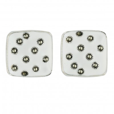 Marcasite Earring 17X17mm White Enamel Cushion Post with 10Pcs M