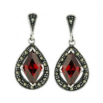 Marcasite Earring 17X13mm Open Pave Marcasite Tear Drop with 13X8mm Garnet Cubic Zirconia