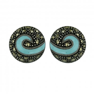 Marcasite Earring (W=15mm) Puff Round with Turquoise Blue Enamel Swirl