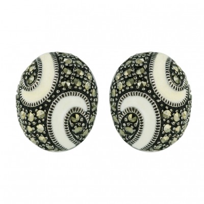 Marcasite Earring 16X13mm Puff Oval with 2 White Enamel Swi