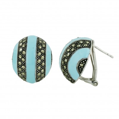 Marcasite Earring 19.5X17mm 3 Turquoise Blue Enamel+4Ms Lines Puff