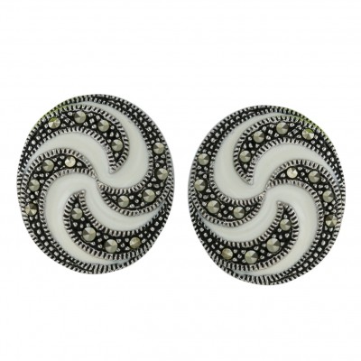 Marcasite Earring Oppositive White Enamel+Marcasite Lines Post