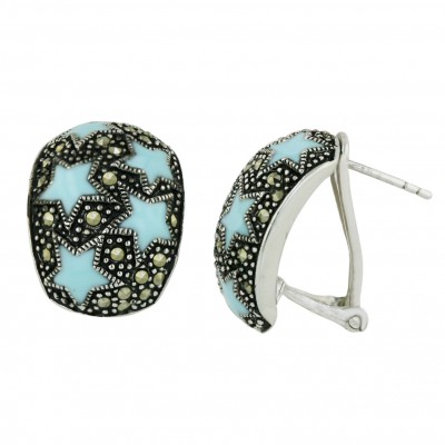 Marcasite Earring 21X16mm Dome with 5 Turquoise Blue Enamel Star+Omeg