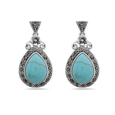 Marcasite Earring 22X18mm Faux Turquoise Tear Drop Bezel Set with Pave Marcasite