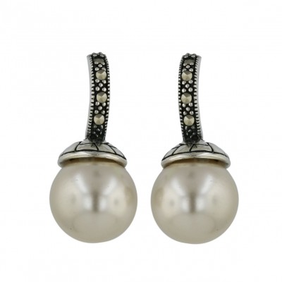 Marcasite Earring 12mm White Faux Pearl with Oxidized Top+Marcasite
