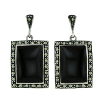 Marcasite Earring 20X16mm Onyx Rectangular with Pave Marcasite Around