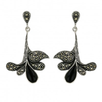 Marcasite Earring 4Pcs Marcasite+1Pcs Onyx Tear Drop Dangle