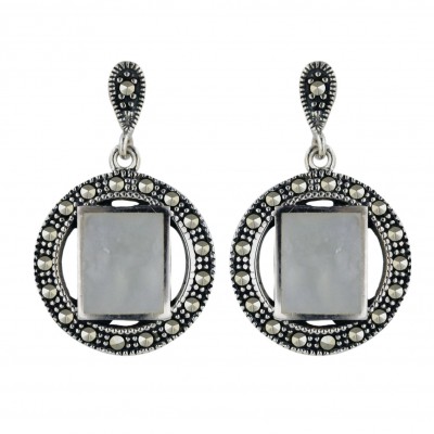 Marcasite Earring Marcasite Circle+White Mother of Pearl Inlay Rectangular Dangle