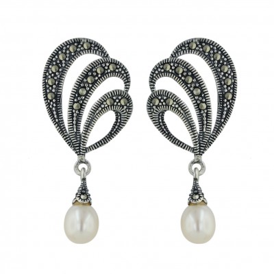 Marcasite Earring Grauated Open Tear Drop with White Fresh Water Pearl Dangle