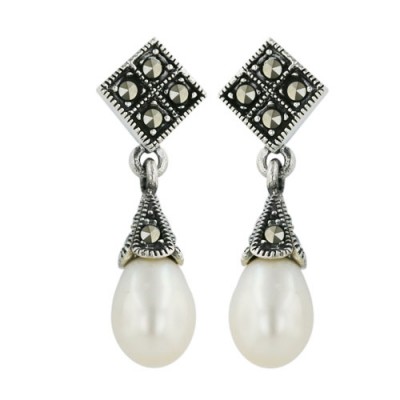 Marcasite Earring Marcasite Square Top+White Fresh Water Pearl Drop