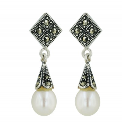 Marcasite Earring Marcasite Square Top+White Fresh Water Pearl Drop