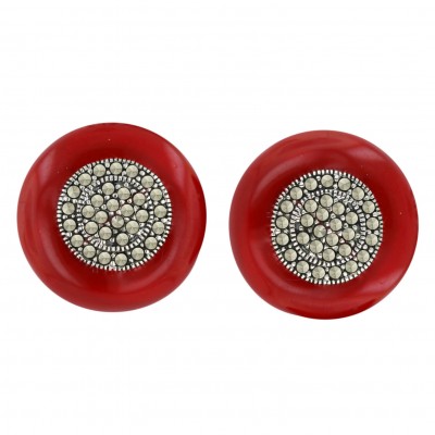 Marcasite Earring 23mm Rd Enamel Round with Pave Marcasite Ctr