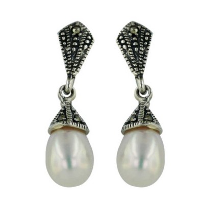 Marcasite Earring 8mm White Fresh Water Pearl Dangle Pave Marcasite Rhombus Top