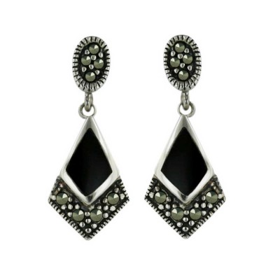 Marcasite Earring 16X10mm Onyx Inlay Rhombus with Pave Marcasite Dangling