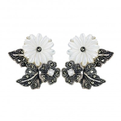 Marcasite Earring White Mother of Pearl+Marcasite Clear Cubic Zirconia Flower with Omega Back