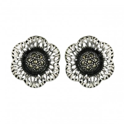 Marcasite Earring 20mm Pave Marcasite Dome Ctr with Lines Petals