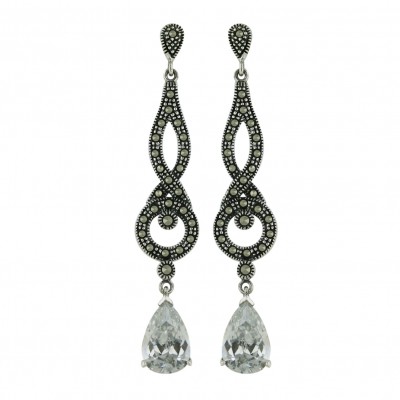 Marcasite Earring 12X8mm Clear Cubic Zirconia Tear Drop with Open Pave Marcasite Danglin