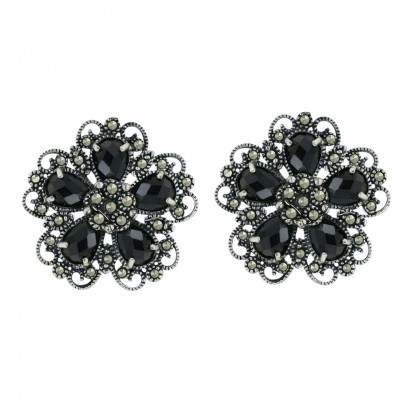 Marcasite Earring 5 Black Cubic Zirconia Chess Cut Flower Petals