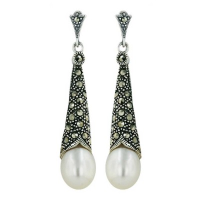 Marcasite Earring Cone Pave Fresh Water Pearl