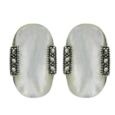 Marcasite Earring 18X10mm White Mother of Pearl Oval Cabochon with Marcasite Side