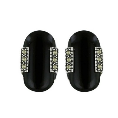 Marcasite Earring 18X10mm Onyx Oval Cabochon with Marcasite Side Bars