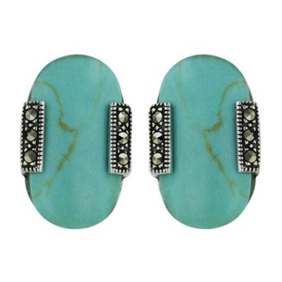 Marcasite Earring 18X10mm Faux Turquoise Oval Cabochon with Marcasite Side Ba