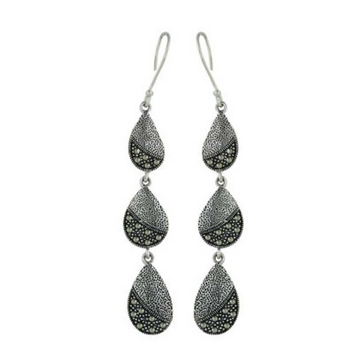 Marcasite Earring 3 Graduated 1/2 Marcasite+1/2 Doted Oxidized Tear
