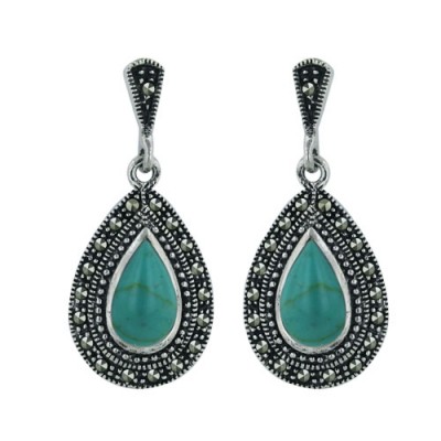 Marcasite Earring 19X13mm Reconstructed Turquoise Tear Drop with Pave Marcasite