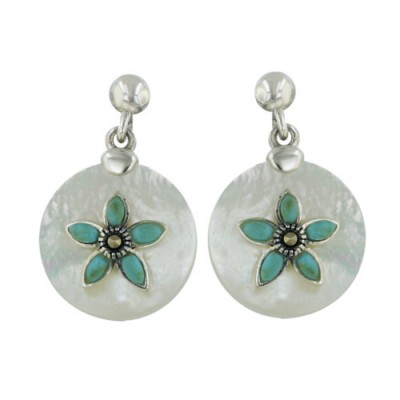 Marcasite Earring 15mm White Mother of Pearl Round with Reconstructed Turquoise Fl