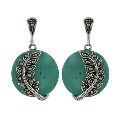 Marcasite Earring 15X15mm Faux Turquoise Round with Pave Marcasite Flower Right