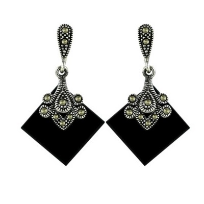 Marcasite Earring 18X18mm Onyx Rhombus with Flower Motif Top