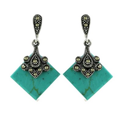 Marcasite Earring 18X18mm Faux Turquoise Rhombus with Flower Motif Top