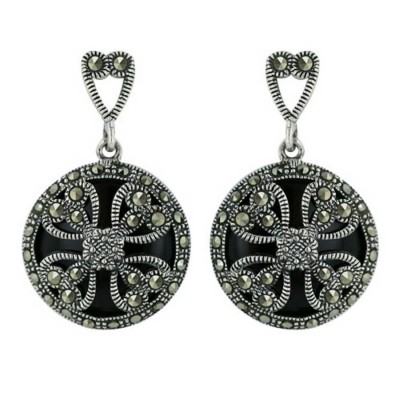 Marcasite Earring 18X18mm Onyx Round with 4 Marcasite Open Hearts Twi
