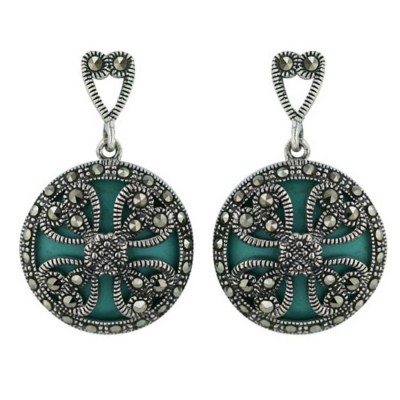 Marcasite Earring 18X18mm Faux Turquoise Round with 4 Marcasite Open Hearts
