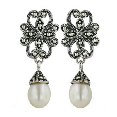 Marcasite Earring Filigree Top+White Fresh Water Pearl Dangling