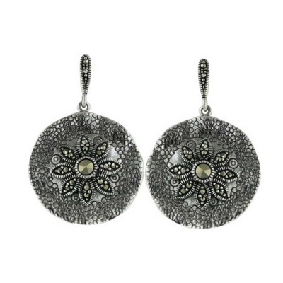 Marcasite Earring Round Texture Dome with Marcasite Flower Top