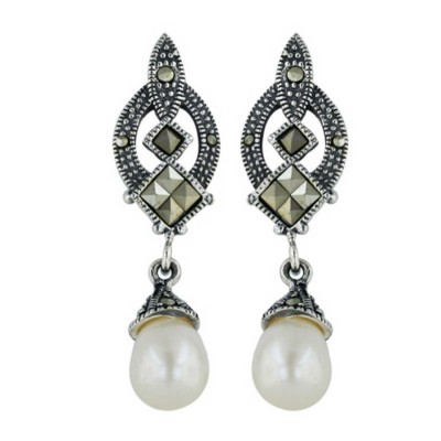 Marcasite Earring Square Cut Marcasite Oval Marquis Top+White Fresh Wa