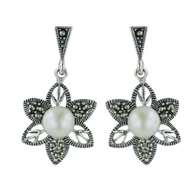 Marcasite Earring White Fresh Water Pearl+Open+Marcasite Petals Flo