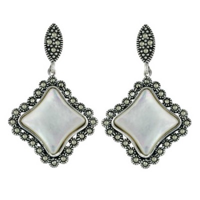 Marcasite Earring White Mother of Pearl Rhombus with Marcasite Bezel Around