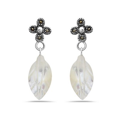 Marcasite Earring White Mother of Pearl Leaf+2 Chain Dangling